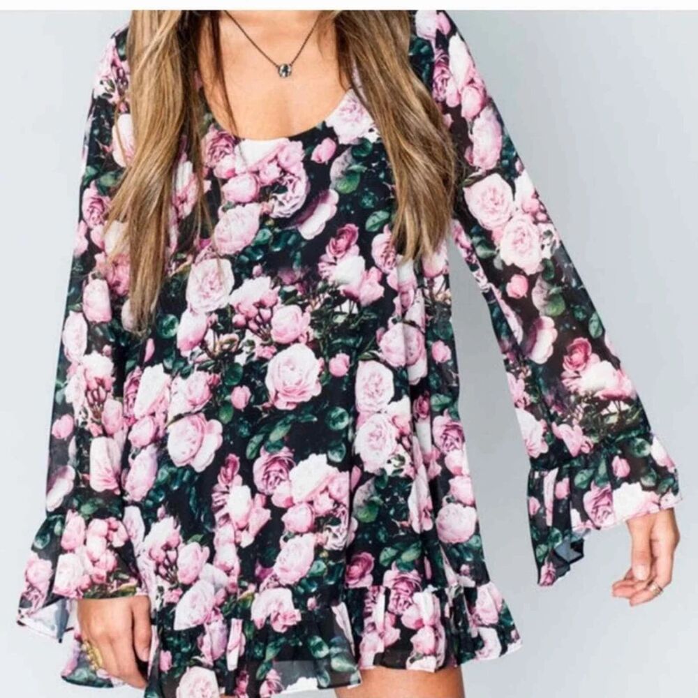 Show Me Your Mumu Margot Mini Dress Diana Rose Floral Print Black Pink Boho L